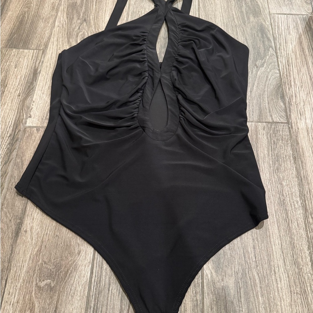 Black Ruched Keyhole One-Piece Bodysuit